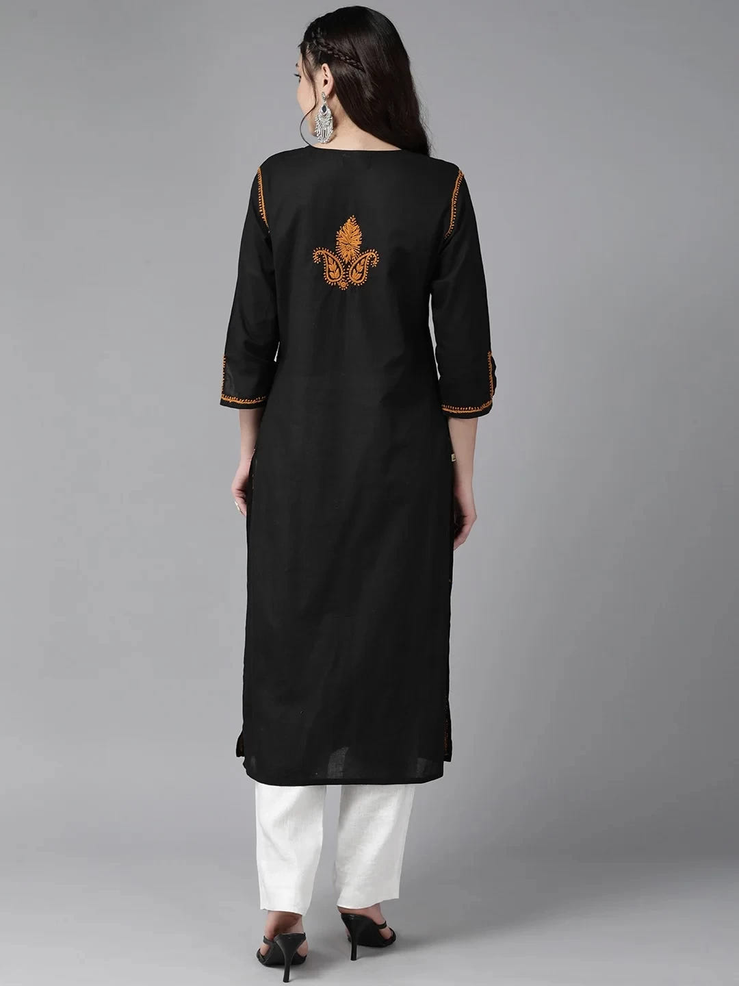 Ada Hand Embroidered Black Cotton Lucknowi Chikankari Straight Kurta A411437