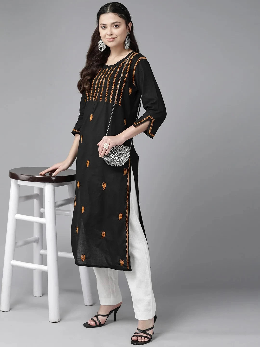 Ada Hand Embroidered Black Cotton Lucknowi Chikankari Straight Kurta A411437