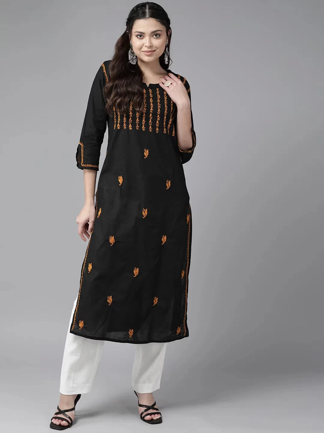 Ada Hand Embroidered Black Cotton Lucknowi Chikankari Straight Kurta A411437