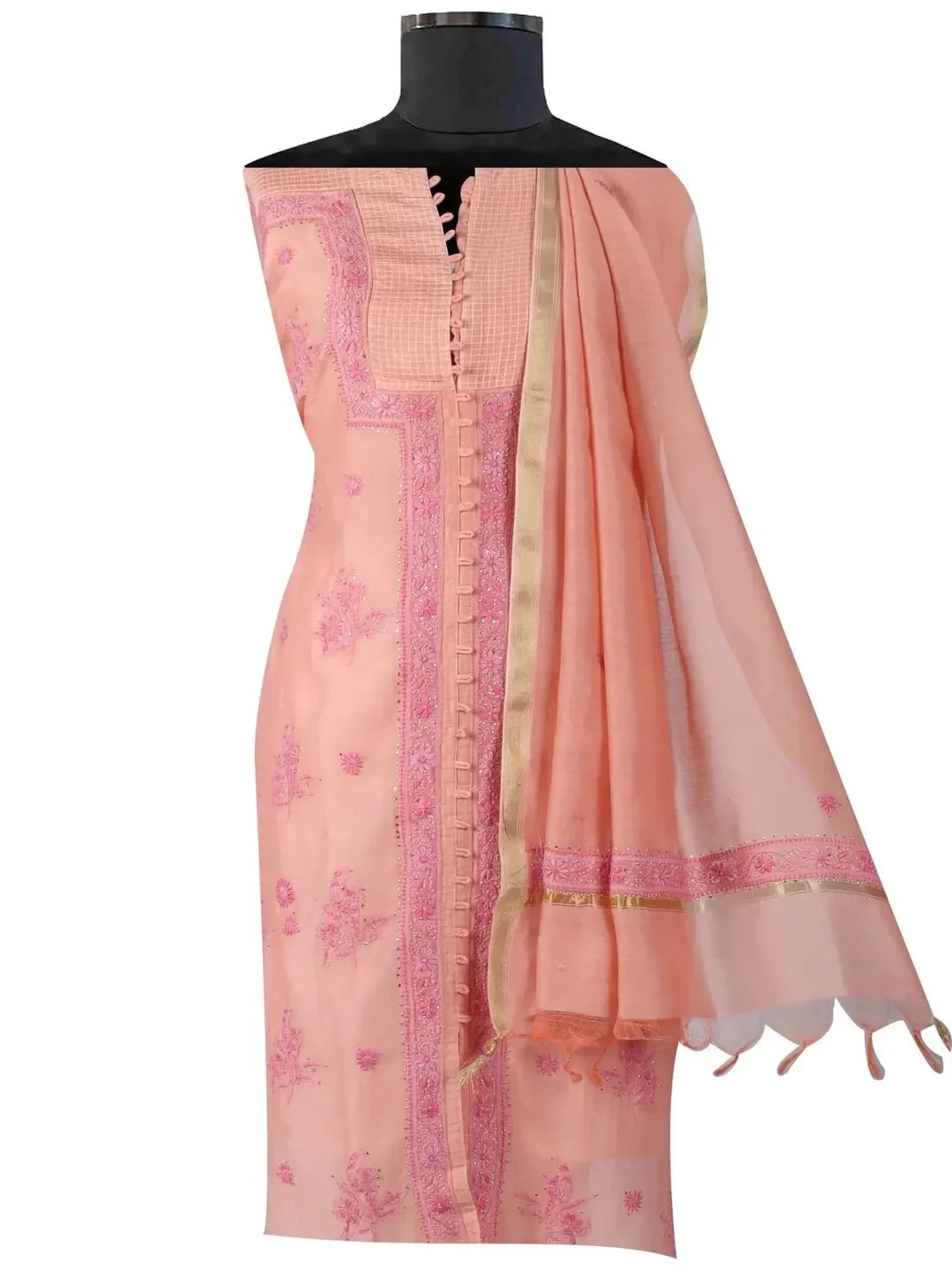Ada Hand Embroidered Peach Chanderi Lucknowi Chikankari Semi-stitched Kurta Dupatta Set With Muqaish Work A351003