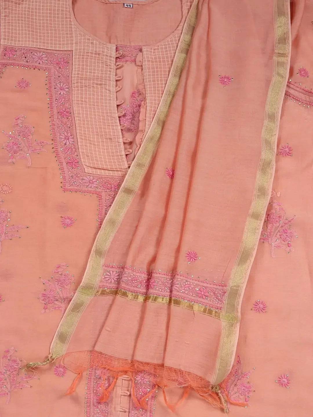 Ada Hand Embroidered Peach Chanderi Lucknowi Chikankari Semi-stitched Kurta Dupatta Set With Muqaish Work A351003