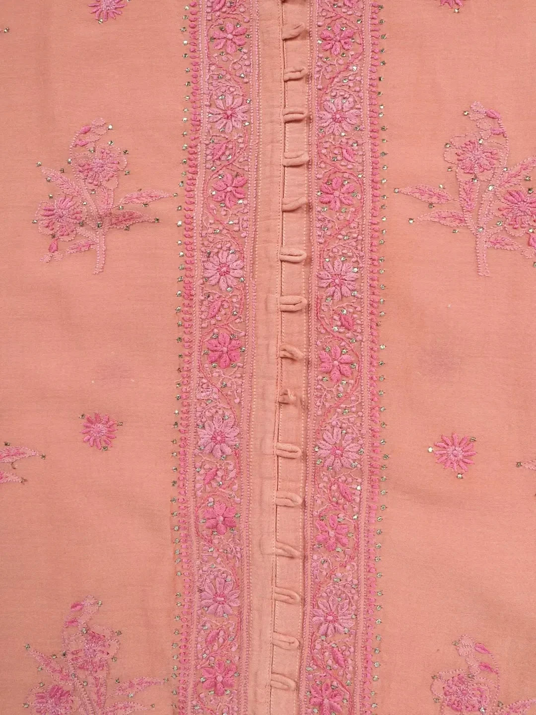 Ada Hand Embroidered Peach Chanderi Lucknowi Chikankari Semi-stitched Kurta Dupatta Set With Muqaish Work A351003