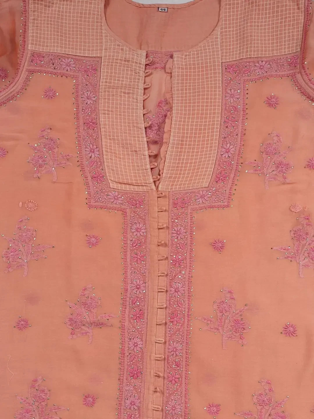 Ada Hand Embroidered Peach Chanderi Lucknowi Chikankari Semi-stitched Kurta Dupatta Set With Muqaish Work A351003