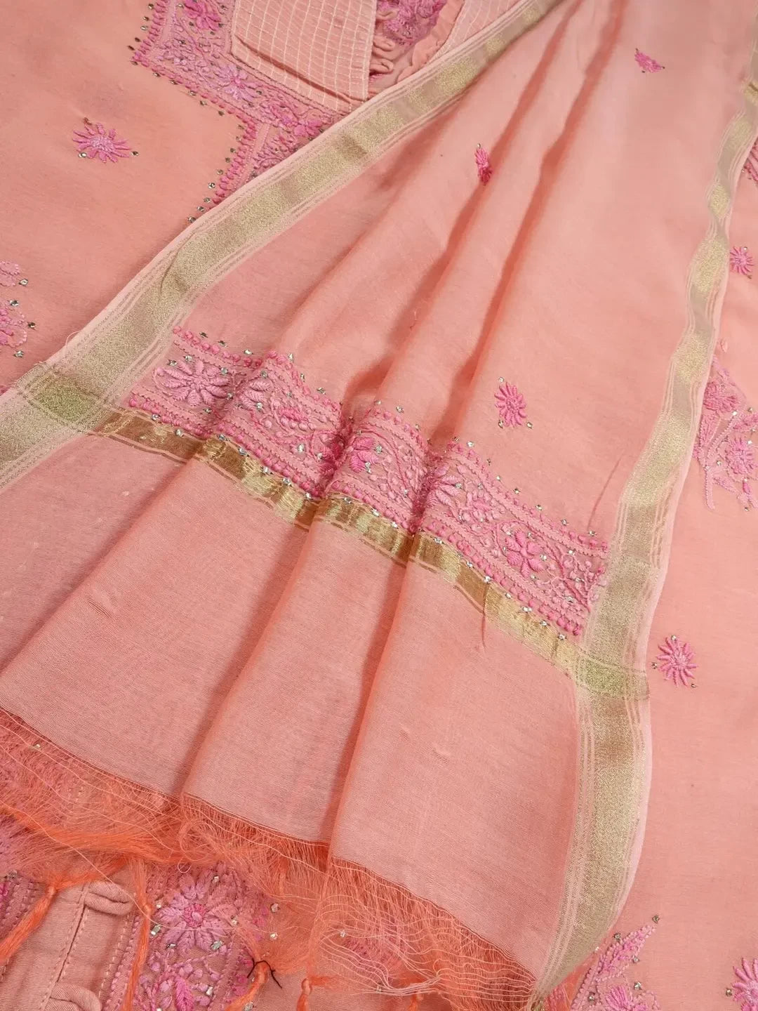 Ada Hand Embroidered Peach Chanderi Lucknowi Chikankari Semi-stitched Kurta Dupatta Set With Muqaish Work A351003