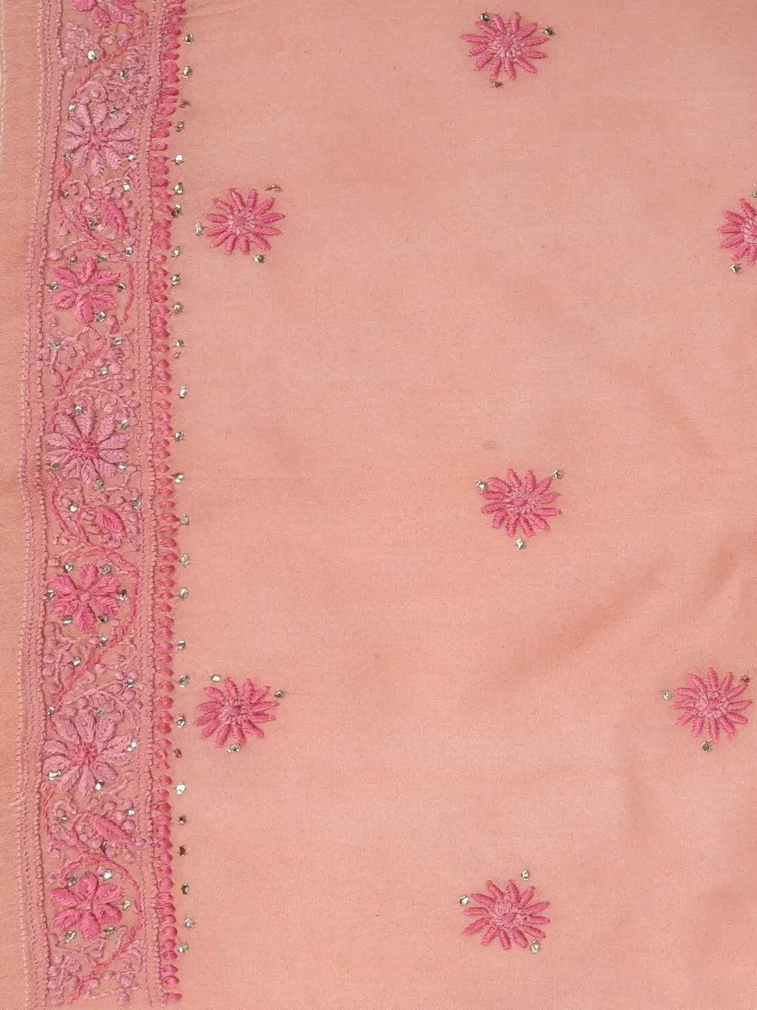Ada Hand Embroidered Peach Chanderi Lucknowi Chikankari Semi-stitched Kurta Dupatta Set With Muqaish Work A351003