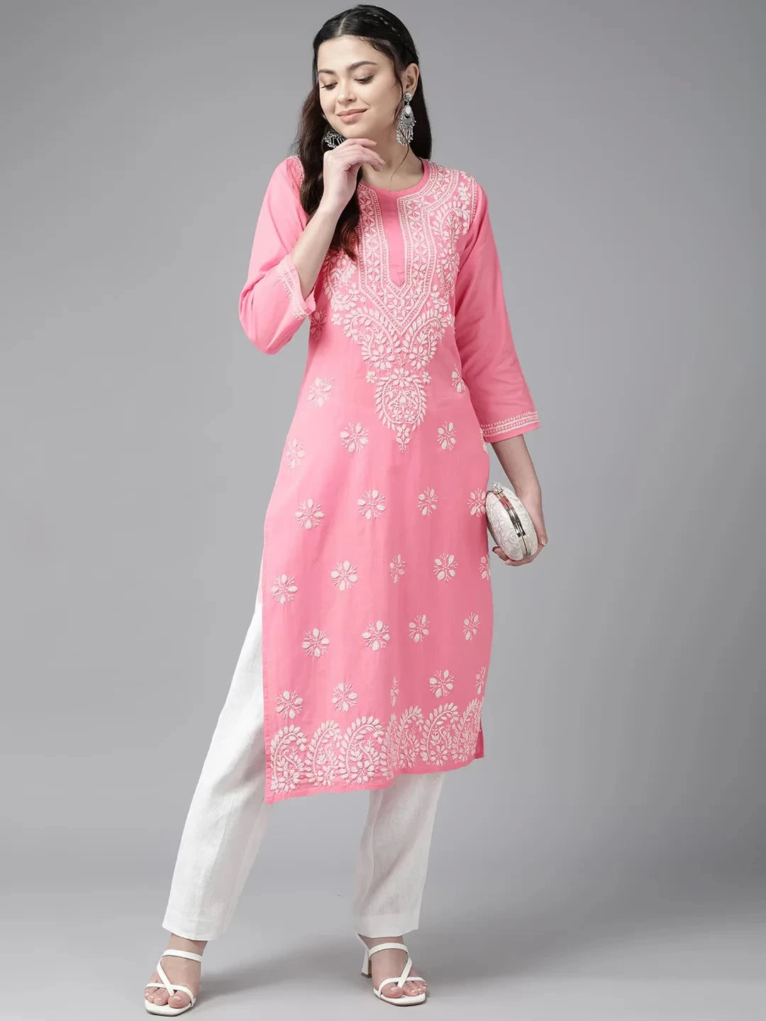 Ada Hand Embroidered Pink Cotton Lucknowi Chikankari Straight Kurta A411438