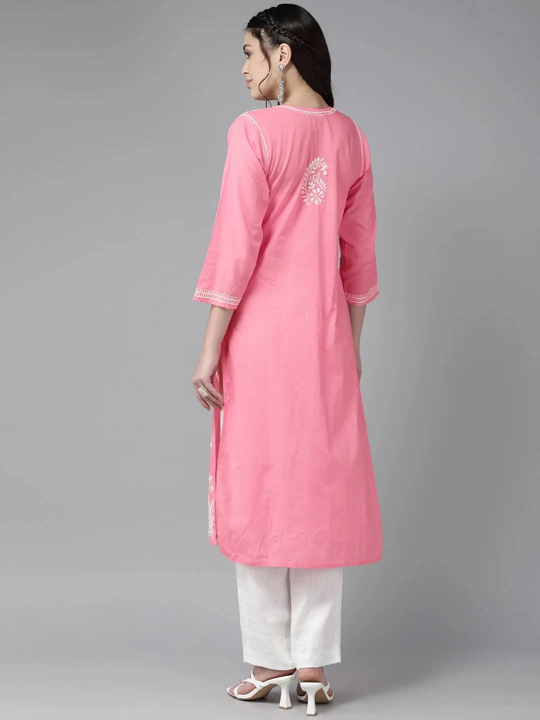 Ada Hand Embroidered Pink Cotton Lucknowi Chikankari Straight Kurta A411438
