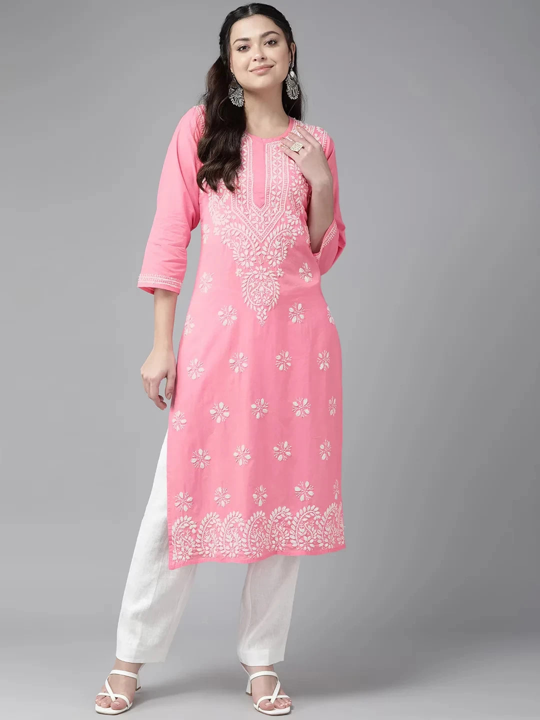 Ada Hand Embroidered Pink Cotton Lucknowi Chikankari Straight Kurta A411438