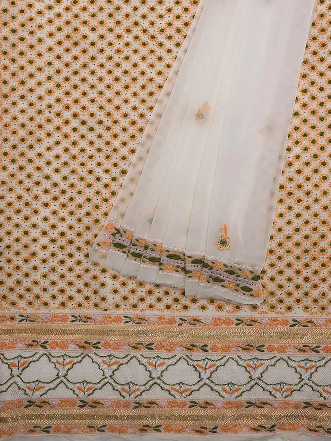 Ada Hand Embroidered White Pure Georgette Lucknowi Chikankari Unstitched Kurta Dupatta Set With Muqaish Work A423522