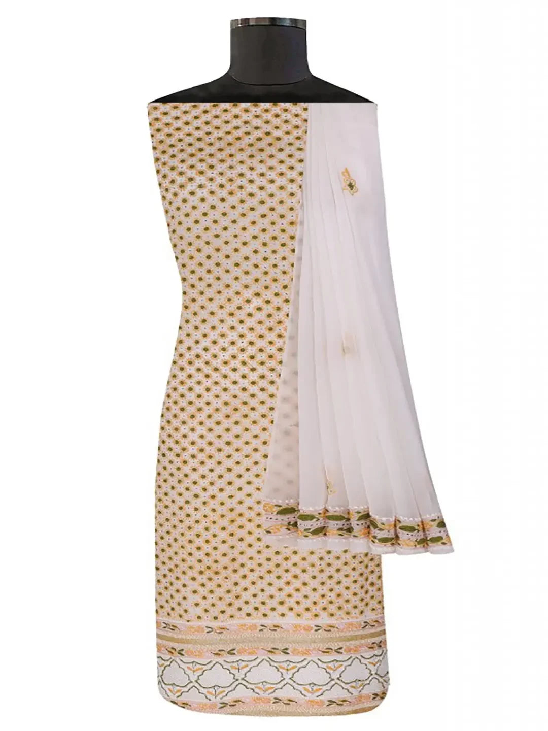 Ada Hand Embroidered White Pure Georgette Lucknowi Chikankari Unstitched Kurta Dupatta Set With Muqaish Work A423522