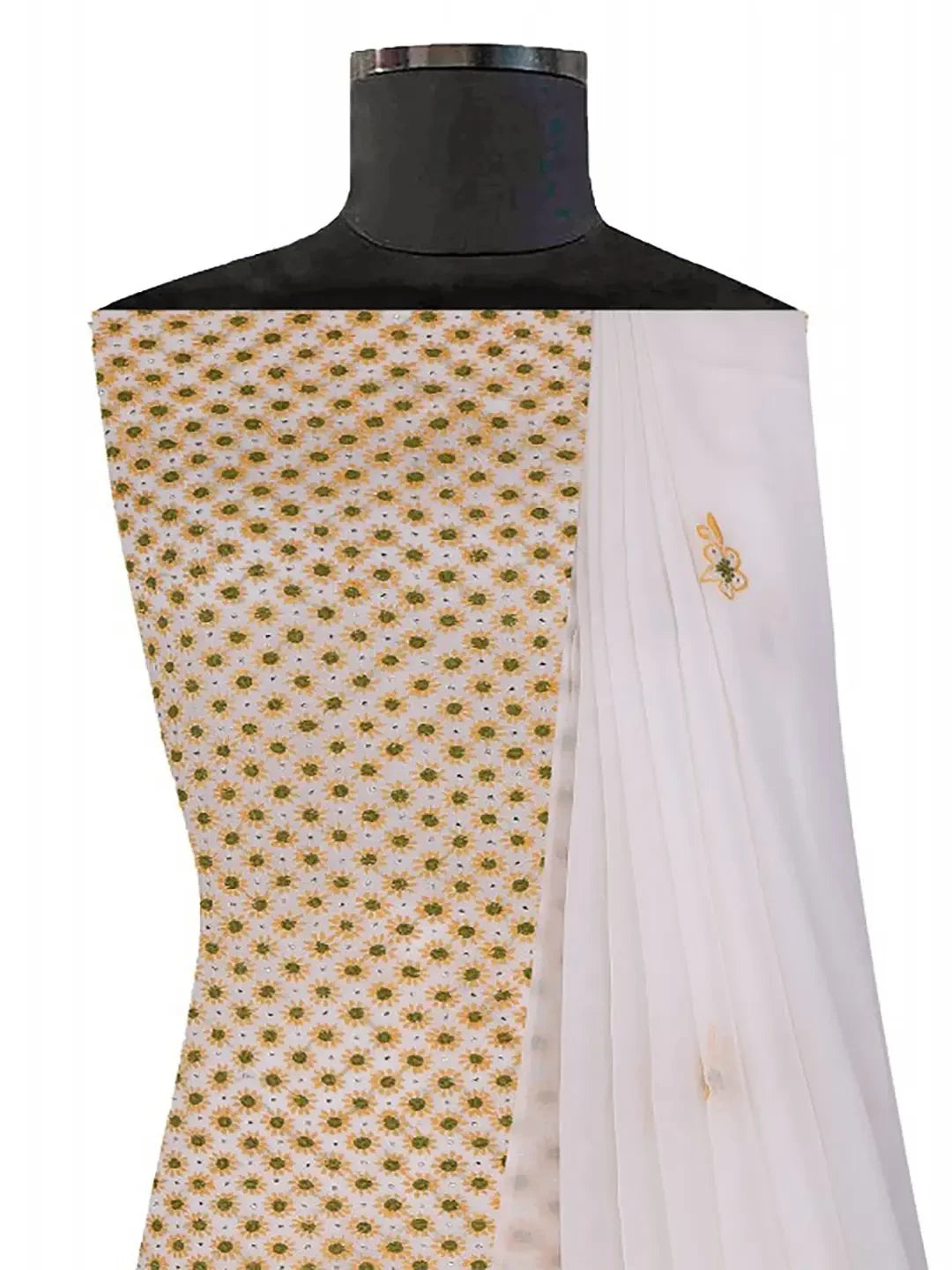 Ada Hand Embroidered White Pure Georgette Lucknowi Chikankari Unstitched Kurta Dupatta Set With Muqaish Work A423522