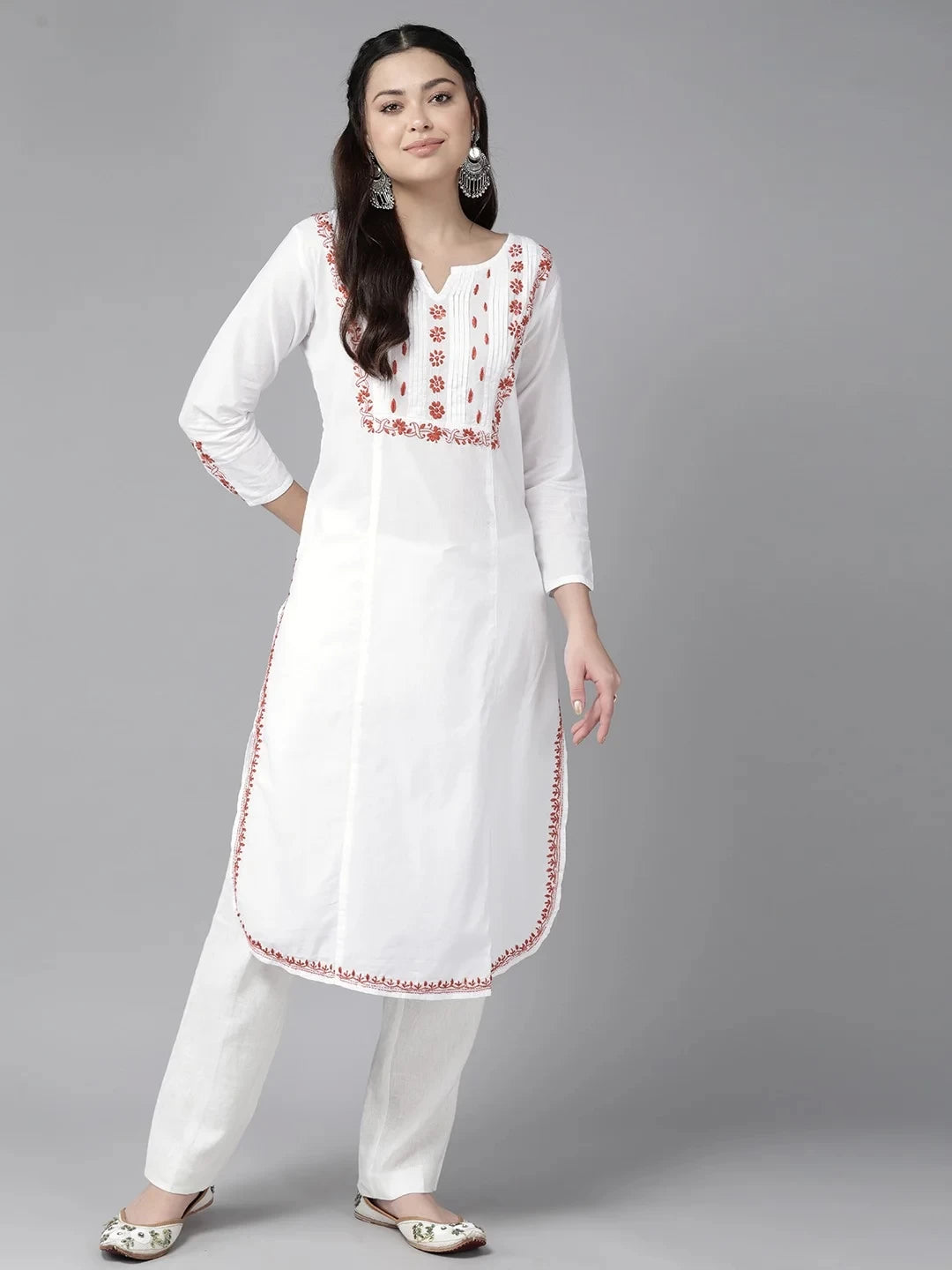 Ada Hand Embroidered White Cotton Lucknowi Chikankari Straight Kurta A411455