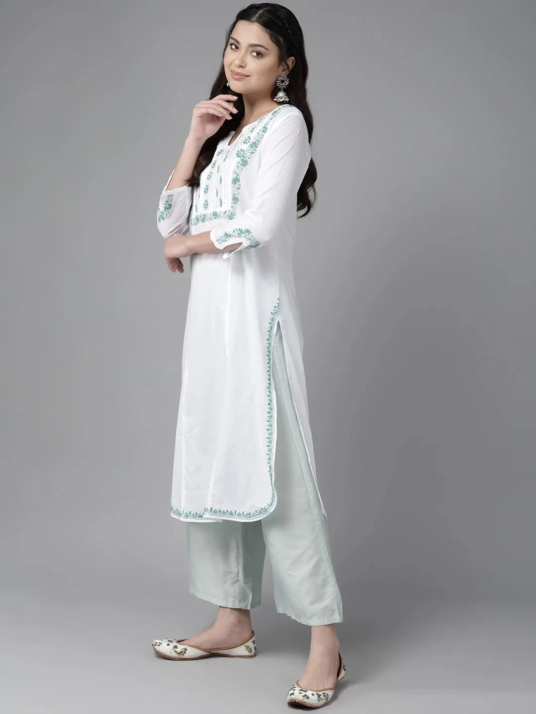 Ada Hand Embroidered White Cotton Lucknowi Chikankari Straight Kurta A411460