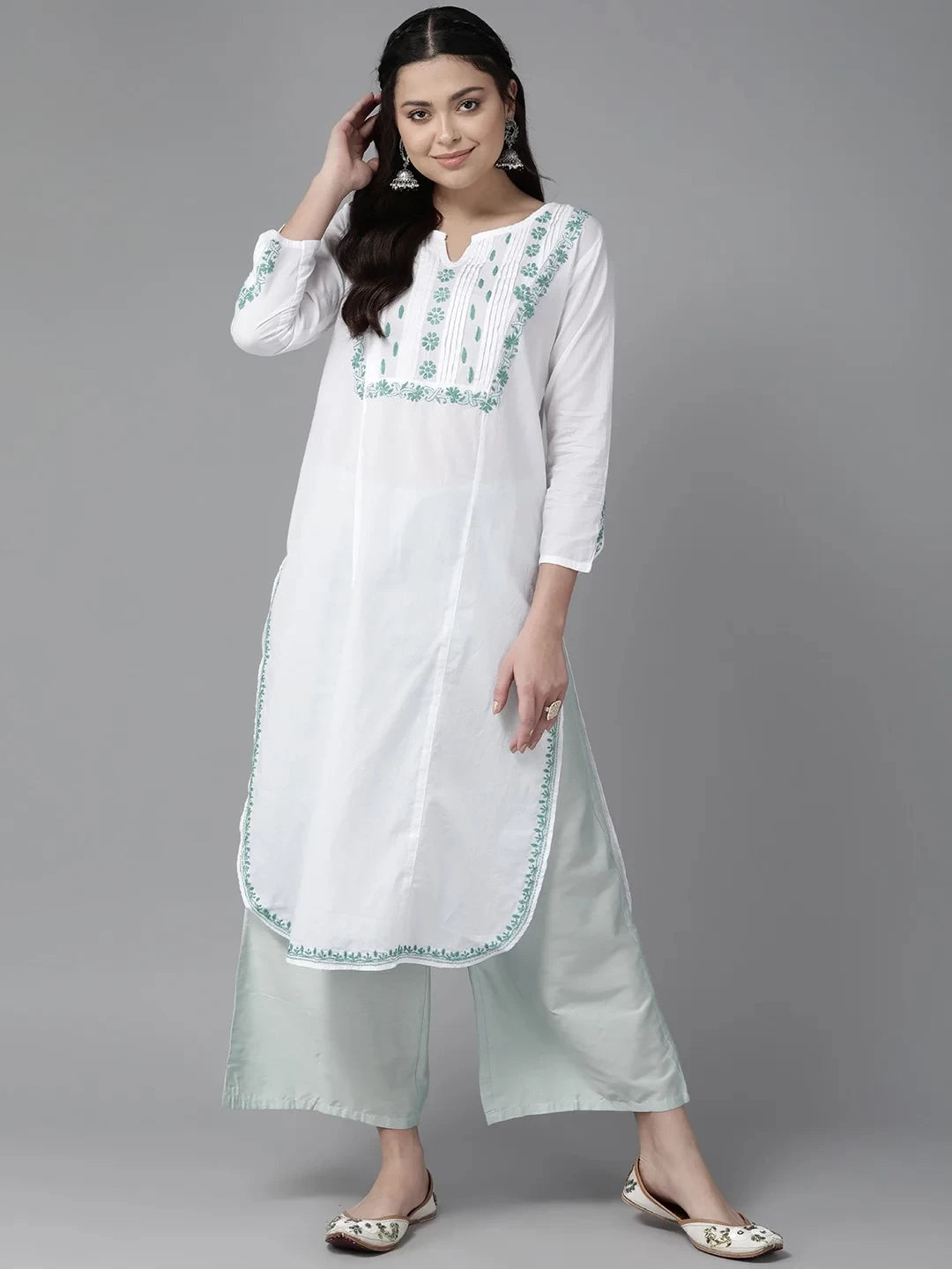 Ada Hand Embroidered White Cotton Lucknowi Chikankari Straight Kurta A411460