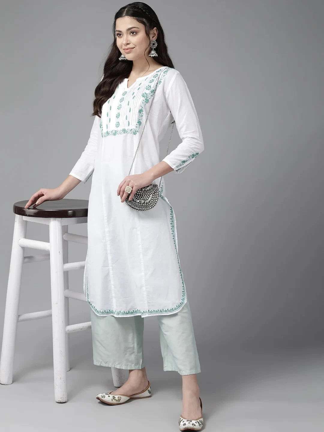 Ada Hand Embroidered White Cotton Lucknowi Chikankari Straight Kurta A411460