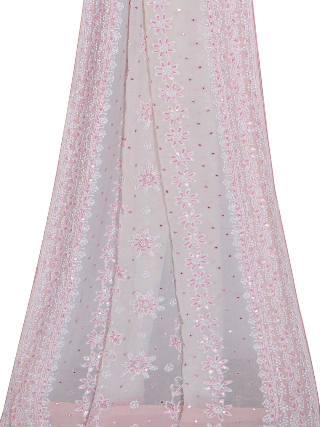 Ada Hand Embroidered Cream Pure Georgette Lucknowi Chikankari Dupatta With Sequinned Work A94888