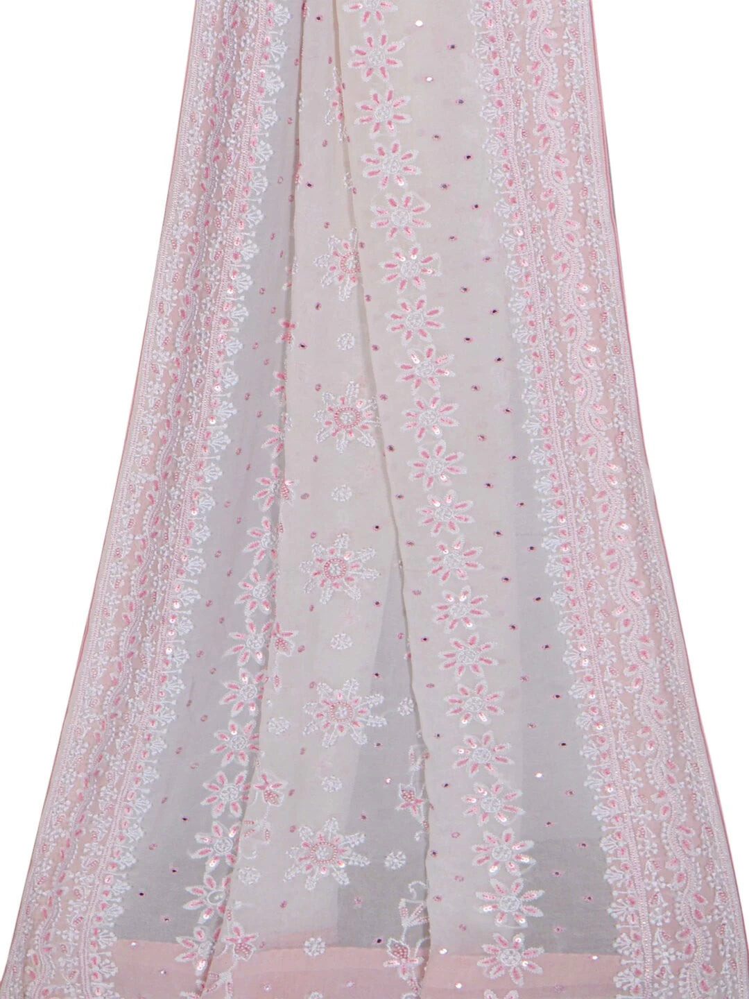 Ada Hand Embroidered Cream Pure Georgette Lucknowi Chikankari Dupatta With Sequinned Work A94888