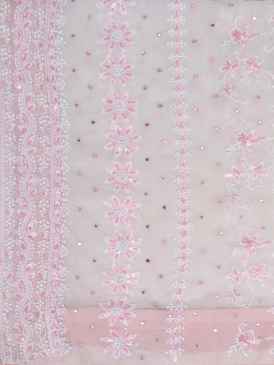Ada Hand Embroidered Cream Pure Georgette Lucknowi Chikankari Dupatta With Sequinned Work A94888
