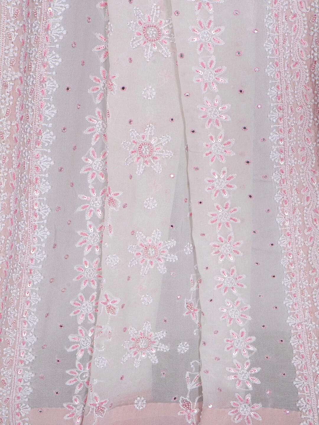 Ada Hand Embroidered Cream Pure Georgette Lucknowi Chikankari Dupatta With Sequinned Work A94888