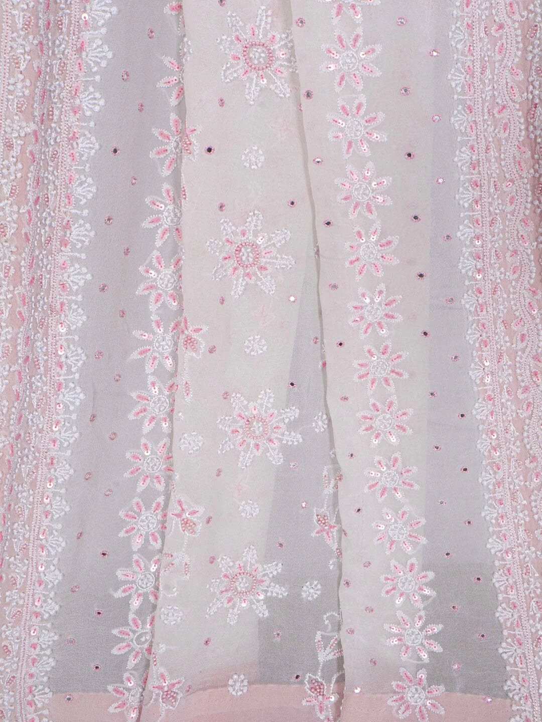 Ada Hand Embroidered Cream Pure Georgette Lucknowi Chikankari Dupatta With Sequinned Work A94888