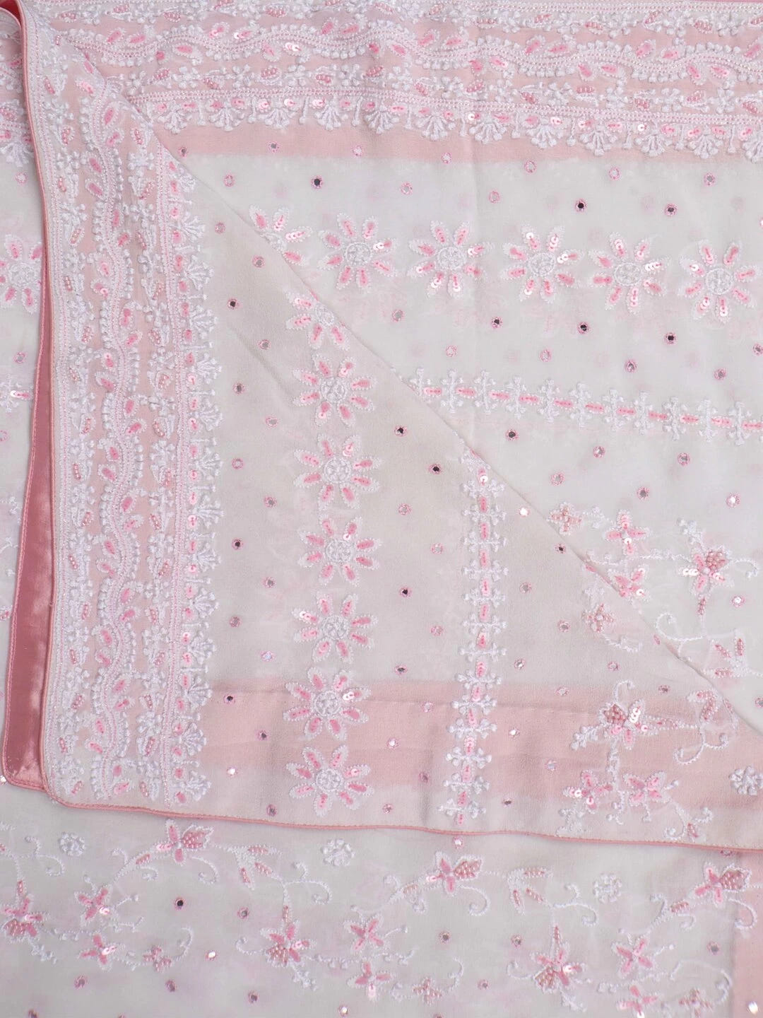 Ada Hand Embroidered Cream Pure Georgette Lucknowi Chikankari Dupatta With Sequinned Work A94888