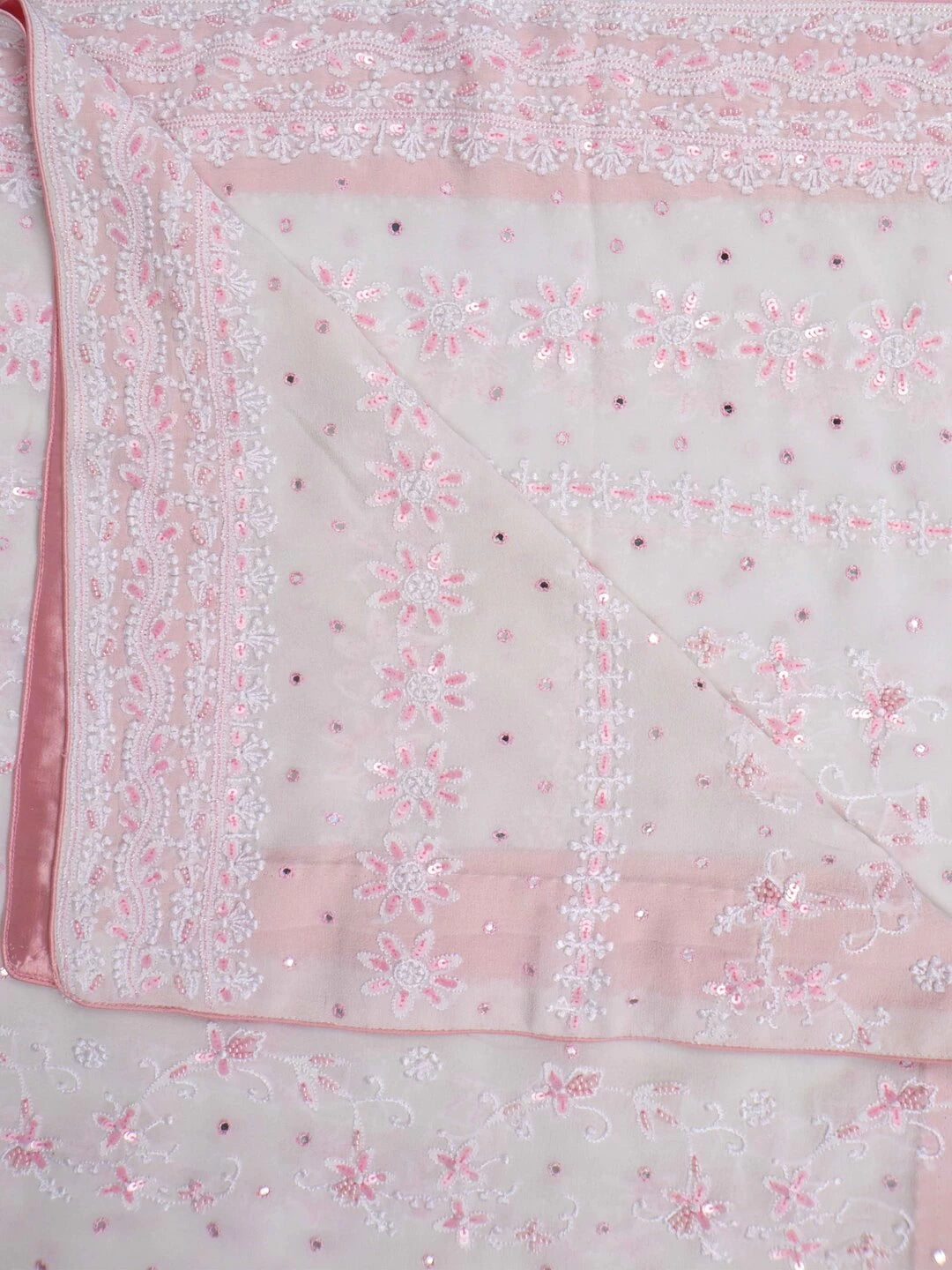 Ada Hand Embroidered Cream Pure Georgette Lucknowi Chikankari Dupatta With Sequinned Work A94888
