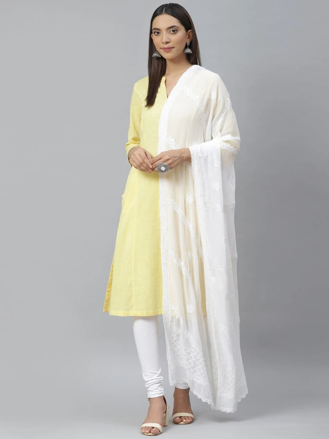 Ada Hand Embroidered White Georgette Lucknowi Chikankari Dupatta A511126
