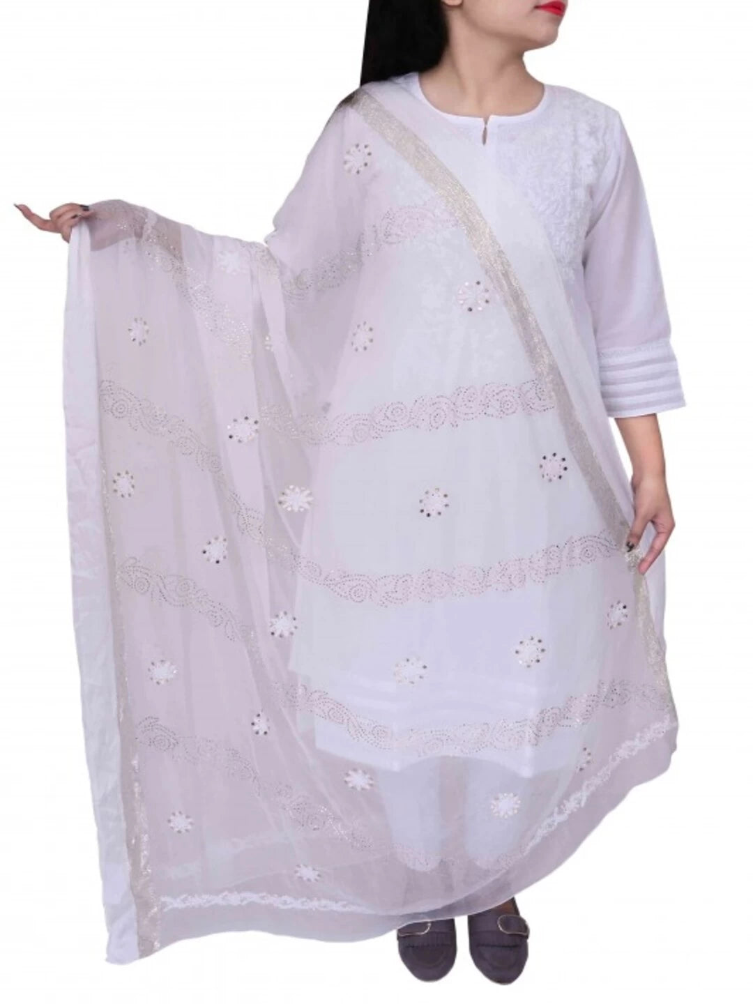 Ada Hand Embroidered White Chiffon Lucknowi Chikankari Dupatta With Muqaish Work A525510