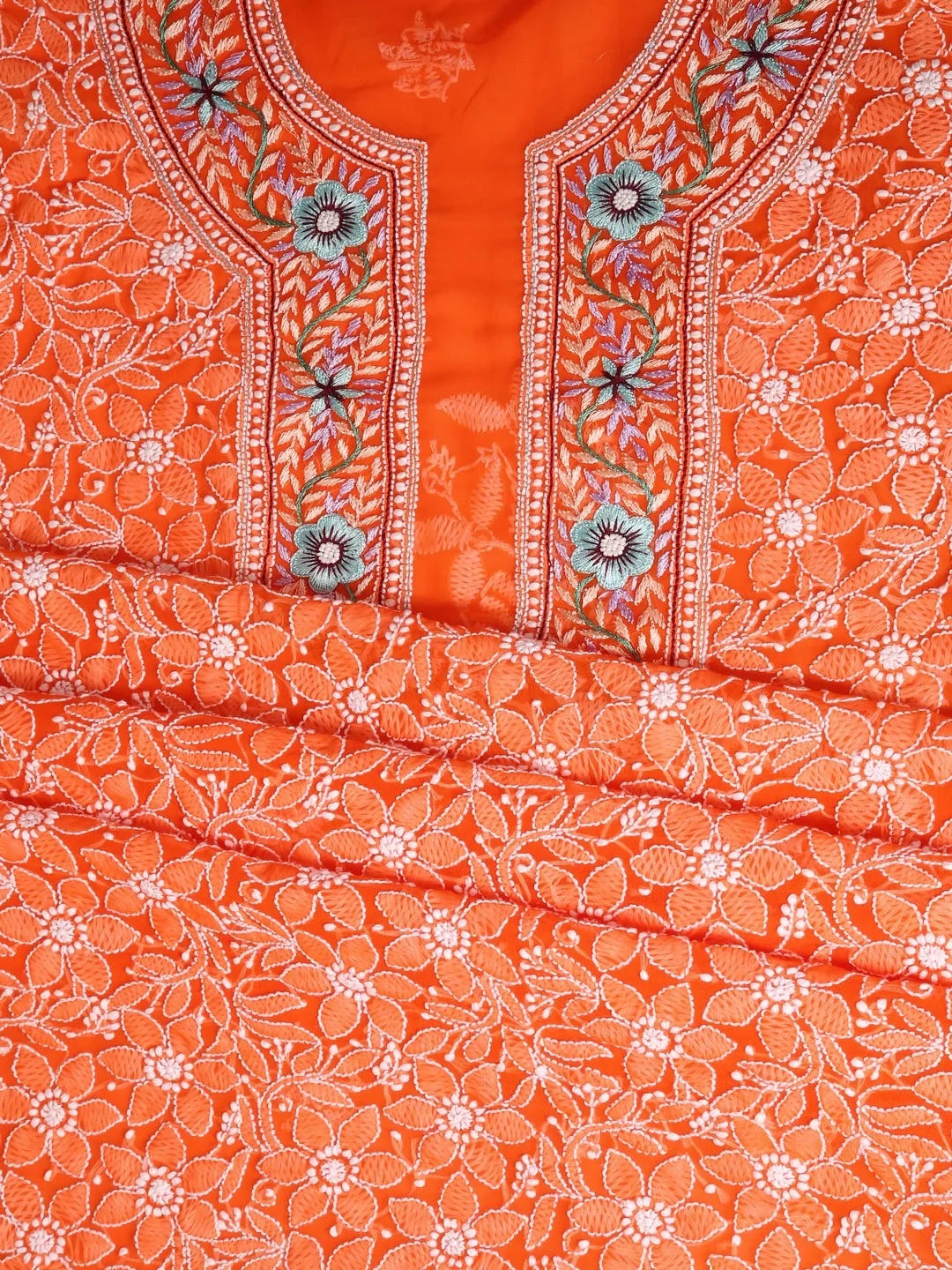 Ada Hand Embroidered Orange Georgette Lucknowi Chikankari Unstitched Suit Piece With Parsi Work A211256