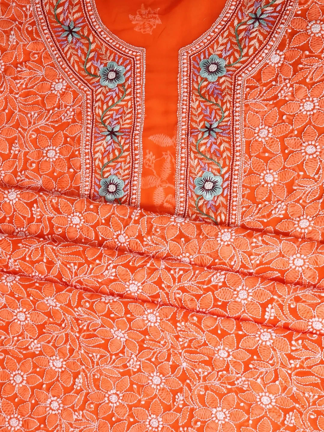 Ada Hand Embroidered Orange Georgette Lucknowi Chikankari Unstitched Suit Piece With Parsi Work A211256