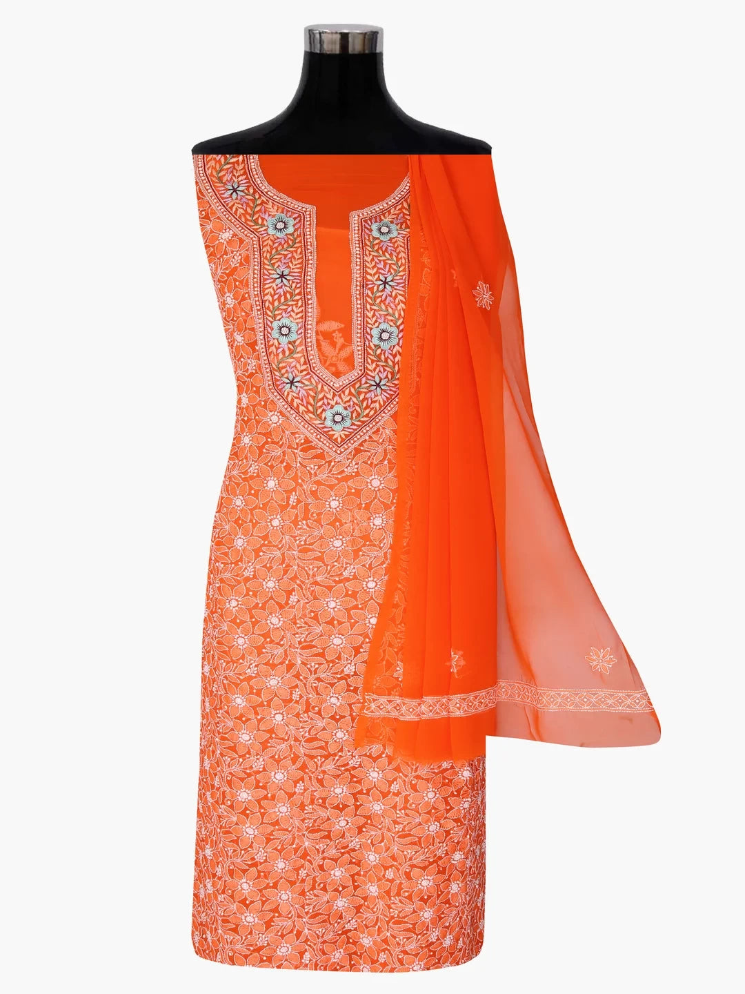 Ada Hand Embroidered Orange Georgette Lucknowi Chikankari Unstitched Suit Piece With Parsi Work A211256