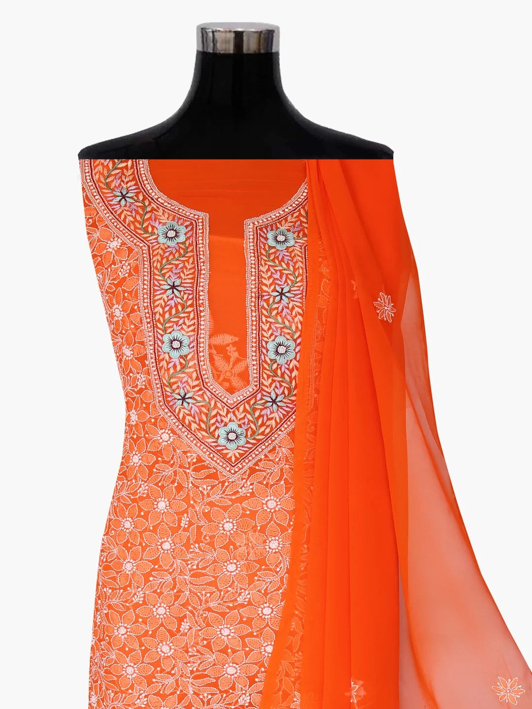 Ada Hand Embroidered Orange Georgette Lucknowi Chikankari Unstitched Suit Piece With Parsi Work A211256