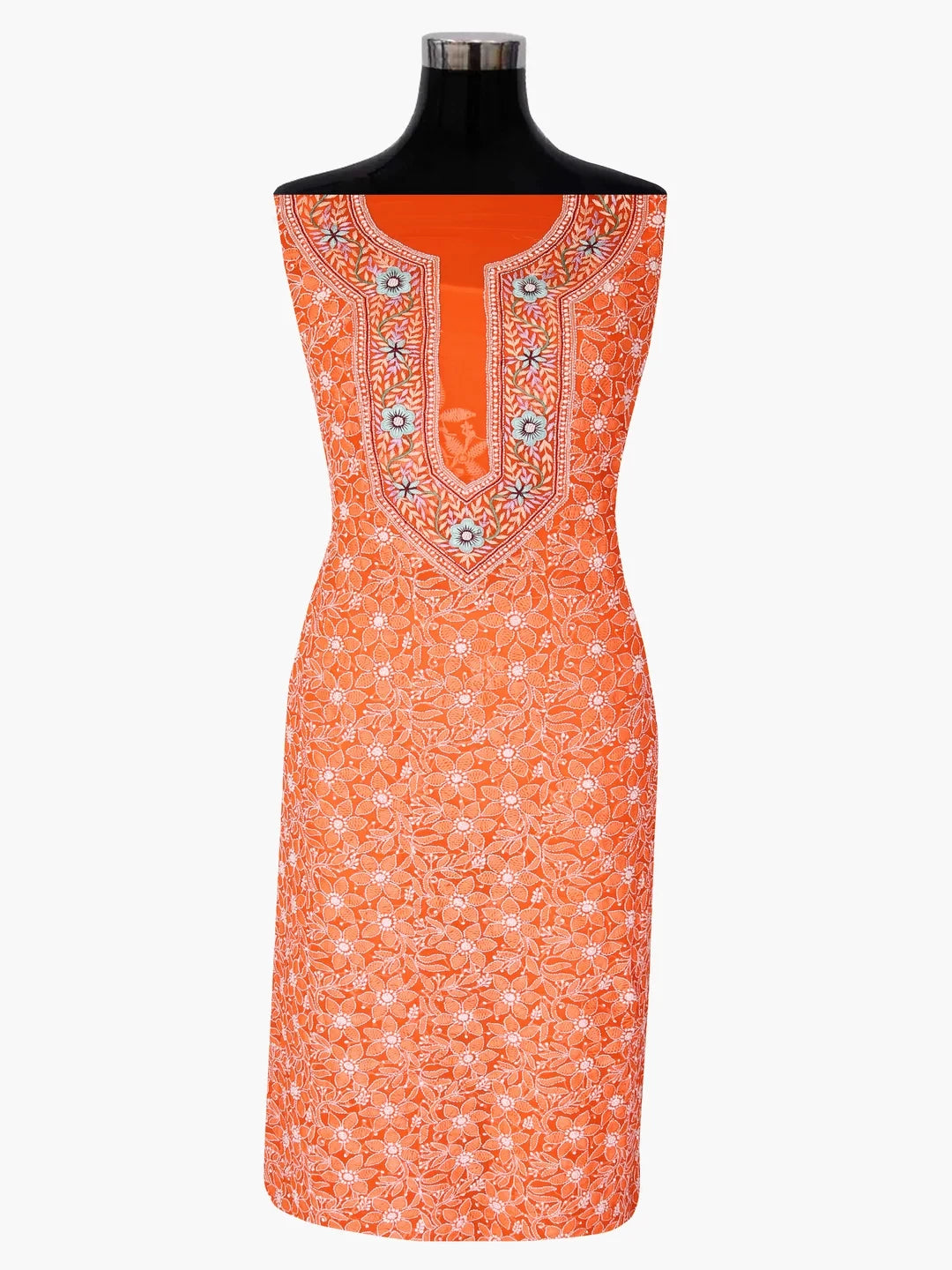 Ada Hand Embroidered Orange Georgette Lucknowi Chikankari Unstitched Suit Piece With Parsi Work A211256