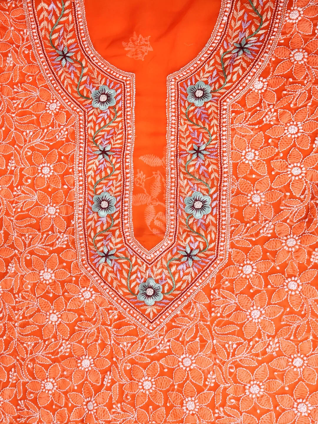 Ada Hand Embroidered Orange Georgette Lucknowi Chikankari Unstitched Suit Piece With Parsi Work A211256