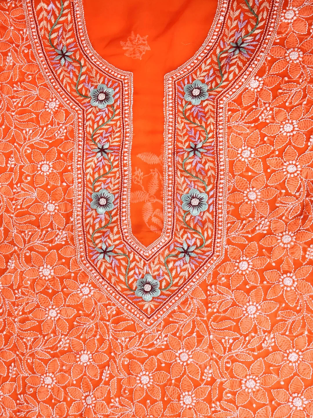 Ada Hand Embroidered Orange Georgette Lucknowi Chikankari Unstitched Suit Piece With Parsi Work A211256