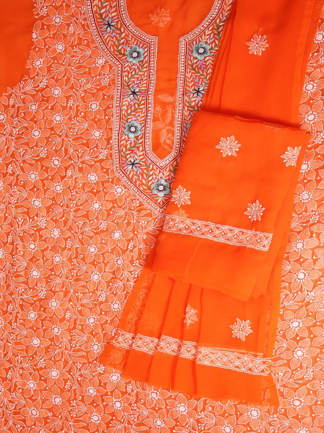 Ada Hand Embroidered Orange Georgette Lucknowi Chikankari Unstitched Suit Piece With Parsi Work A211256