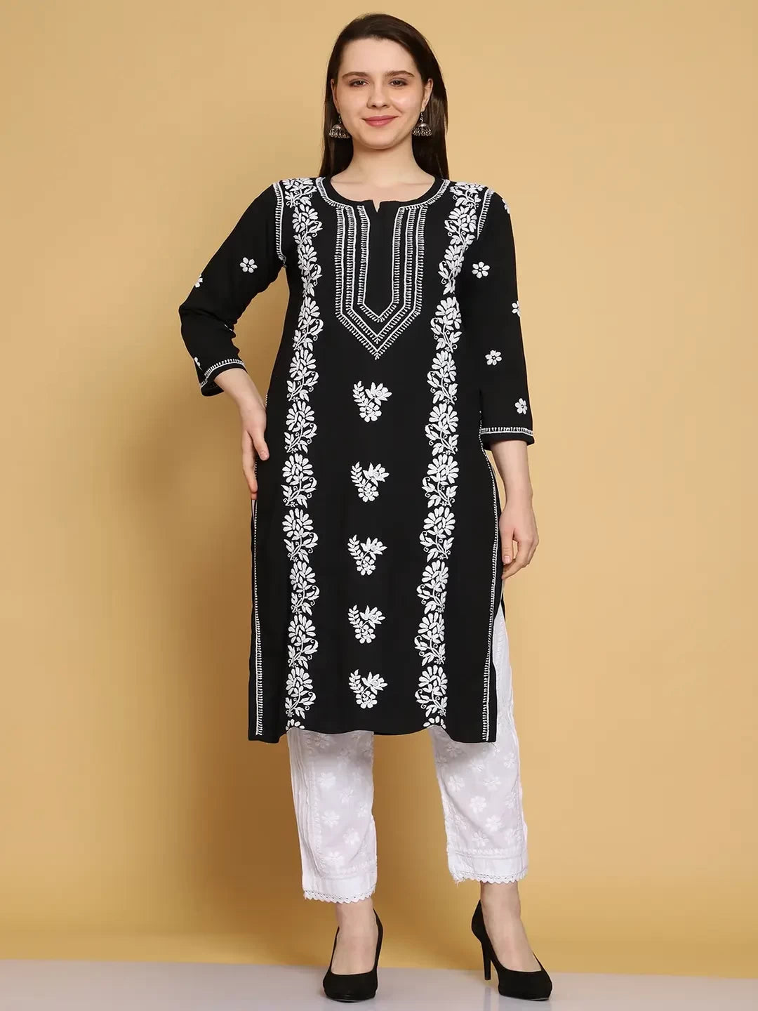Ada Hand Embroidered Black Modal Lucknowi Chikankari Straight Kurta A411464