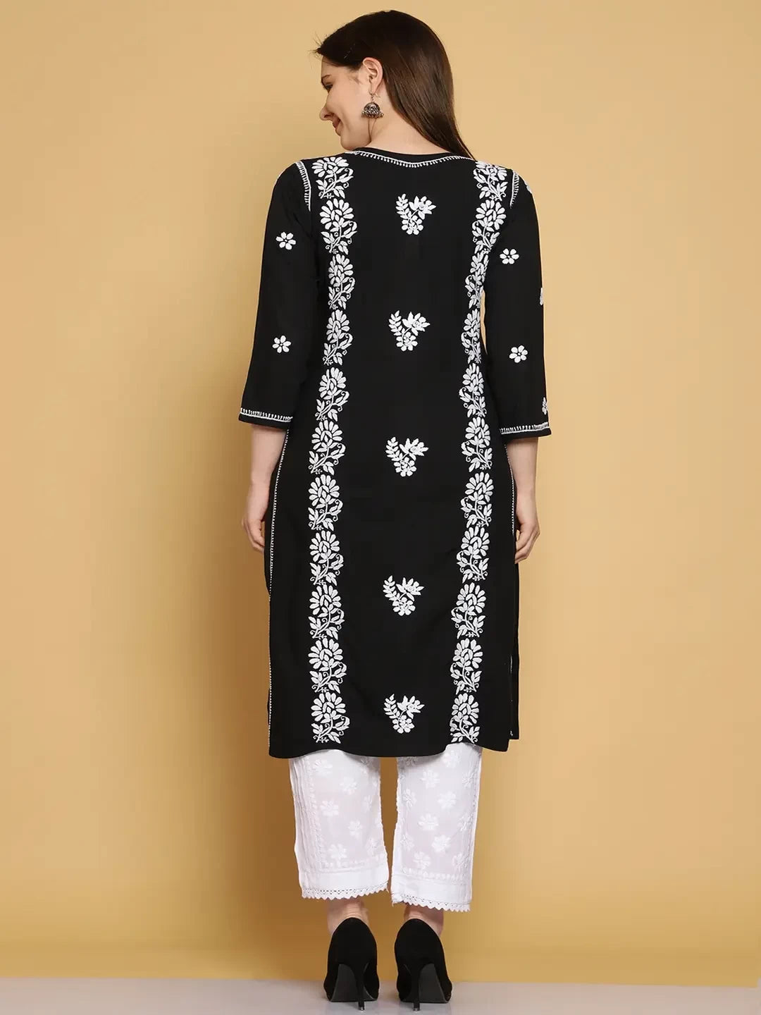 Ada Hand Embroidered Black Modal Lucknowi Chikankari Straight Kurta A411464