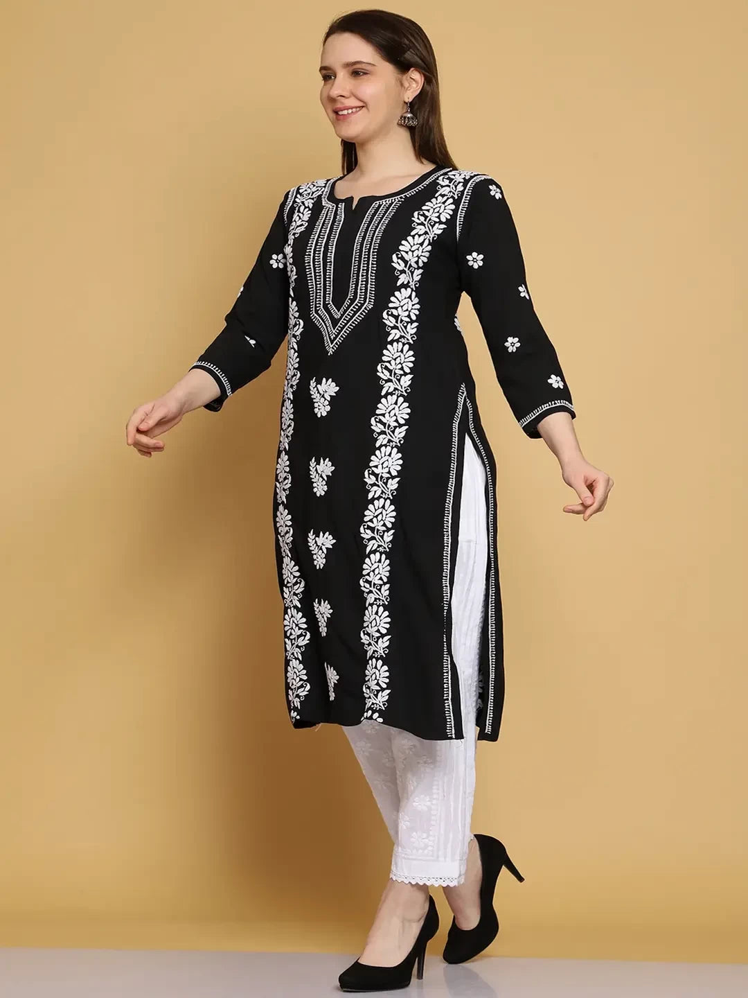 Ada Hand Embroidered Black Modal Lucknowi Chikankari Straight Kurta A411464