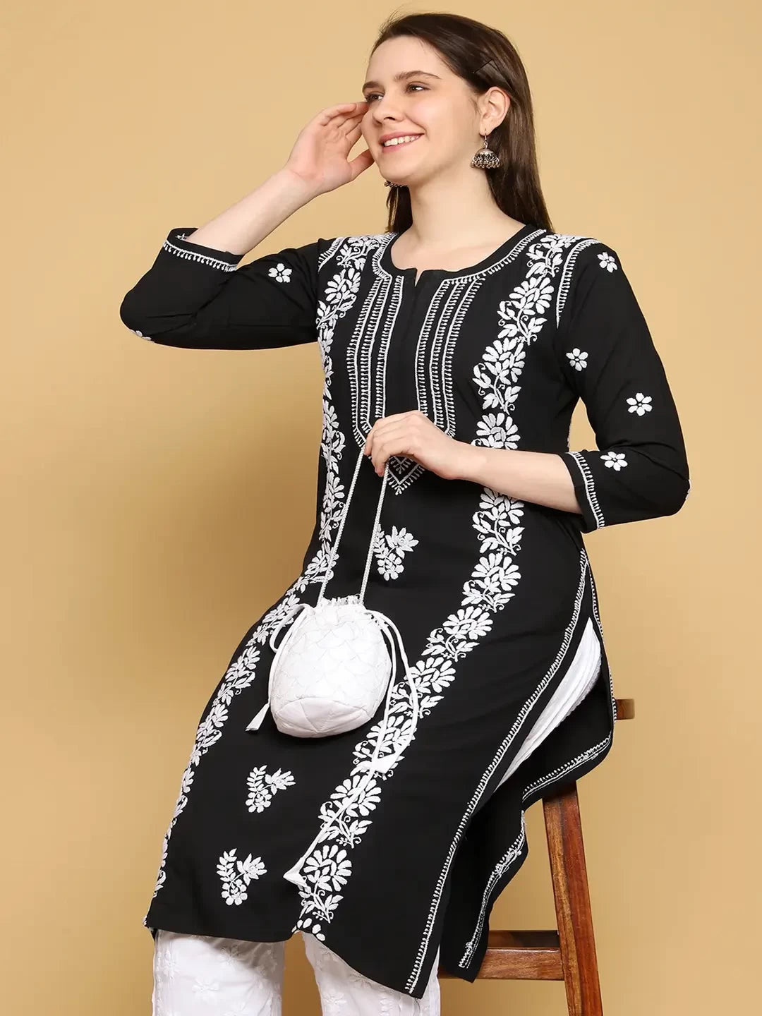Ada Hand Embroidered Black Modal Lucknowi Chikankari Straight Kurta A411464