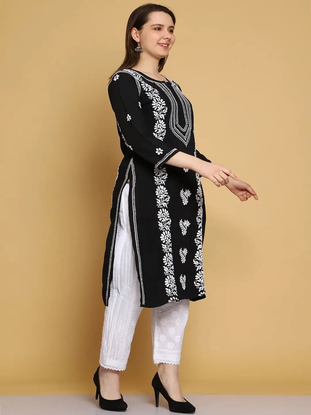 Ada Hand Embroidered Black Modal Lucknowi Chikankari Straight Kurta A411464