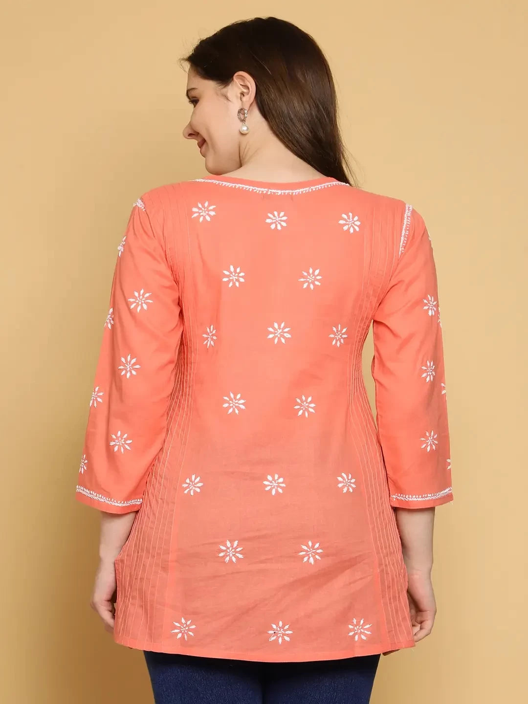 Ada Hand Embroidered Peach Cotton Lucknowi Chikankari Straight Kurti A911292