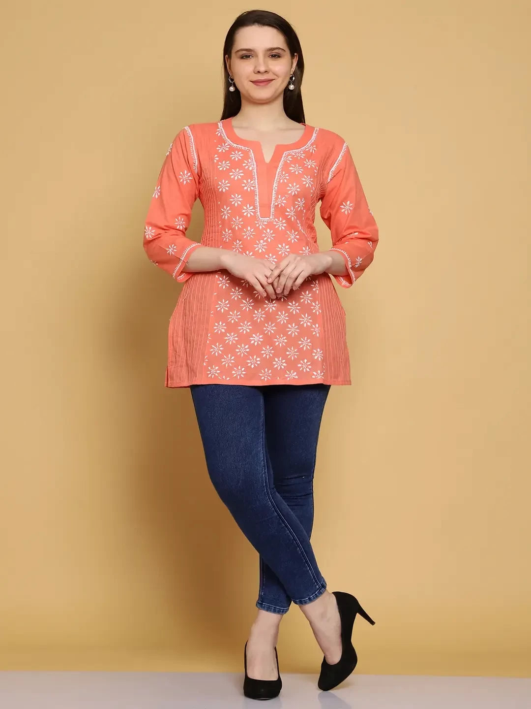 Ada Hand Embroidered Peach Cotton Lucknowi Chikankari Straight Kurti A911292