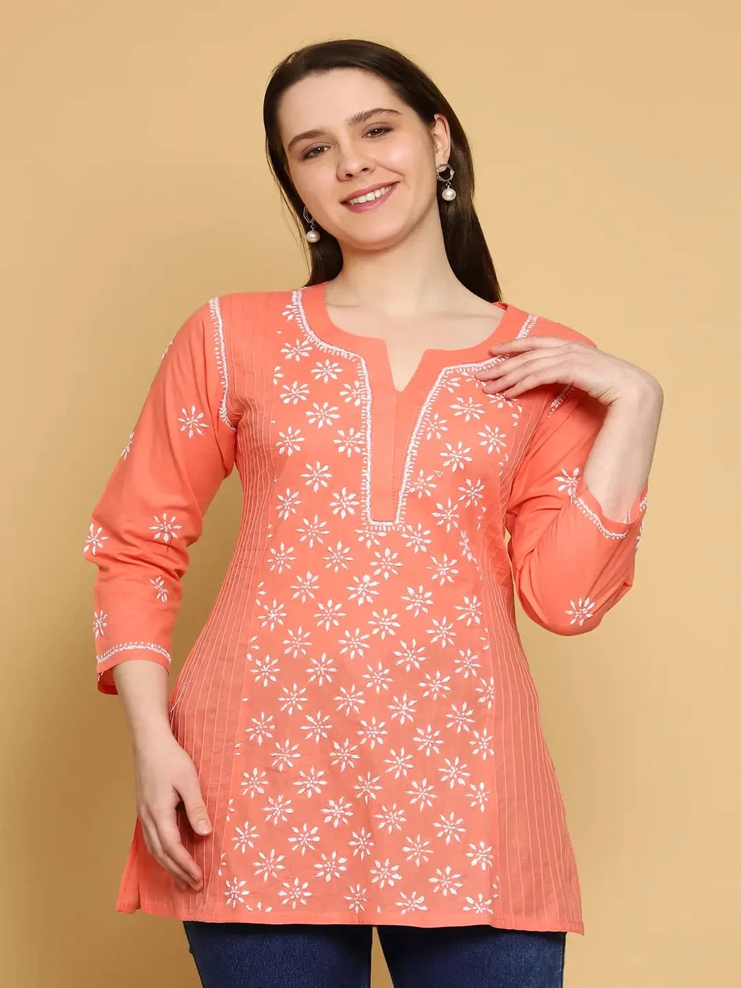 Ada Hand Embroidered Peach Cotton Lucknowi Chikankari Straight Kurti A911292