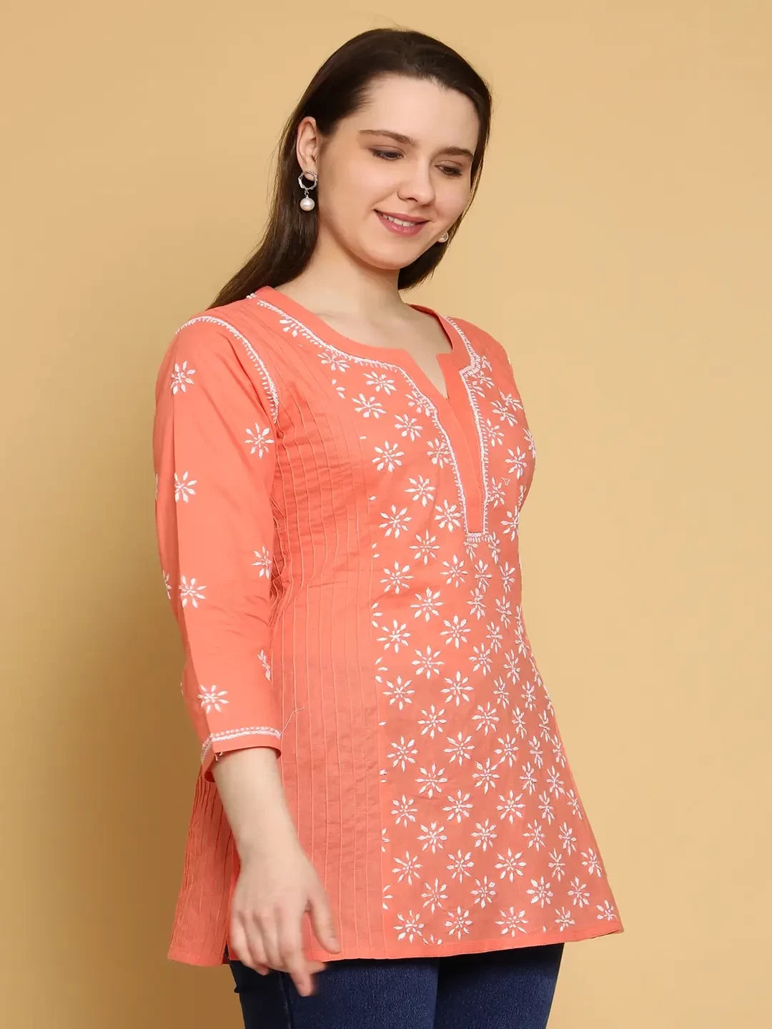Ada Hand Embroidered Peach Cotton Lucknowi Chikankari Straight Kurti A911292
