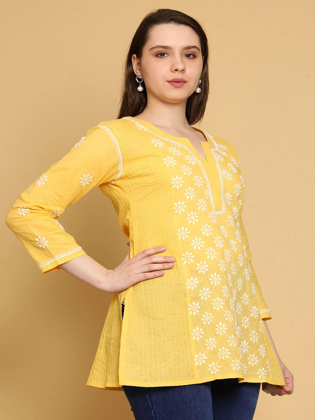 Ada Hand Embroidered Yellow Cotton Lucknowi Chikankari Straight Kurti A911285