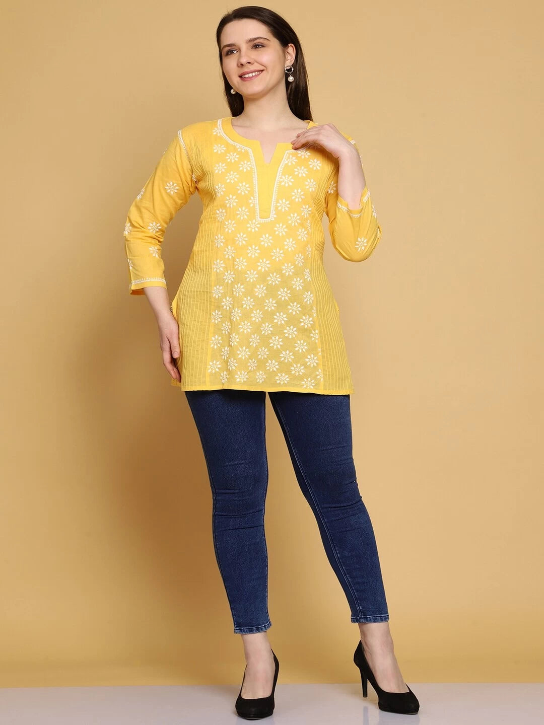 Ada Hand Embroidered Yellow Cotton Lucknowi Chikankari Straight Kurti A911285