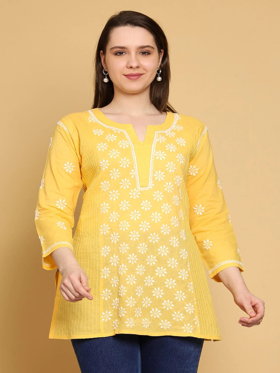 Ada Hand Embroidered Yellow Cotton Lucknowi Chikankari Straight Kurti A911285