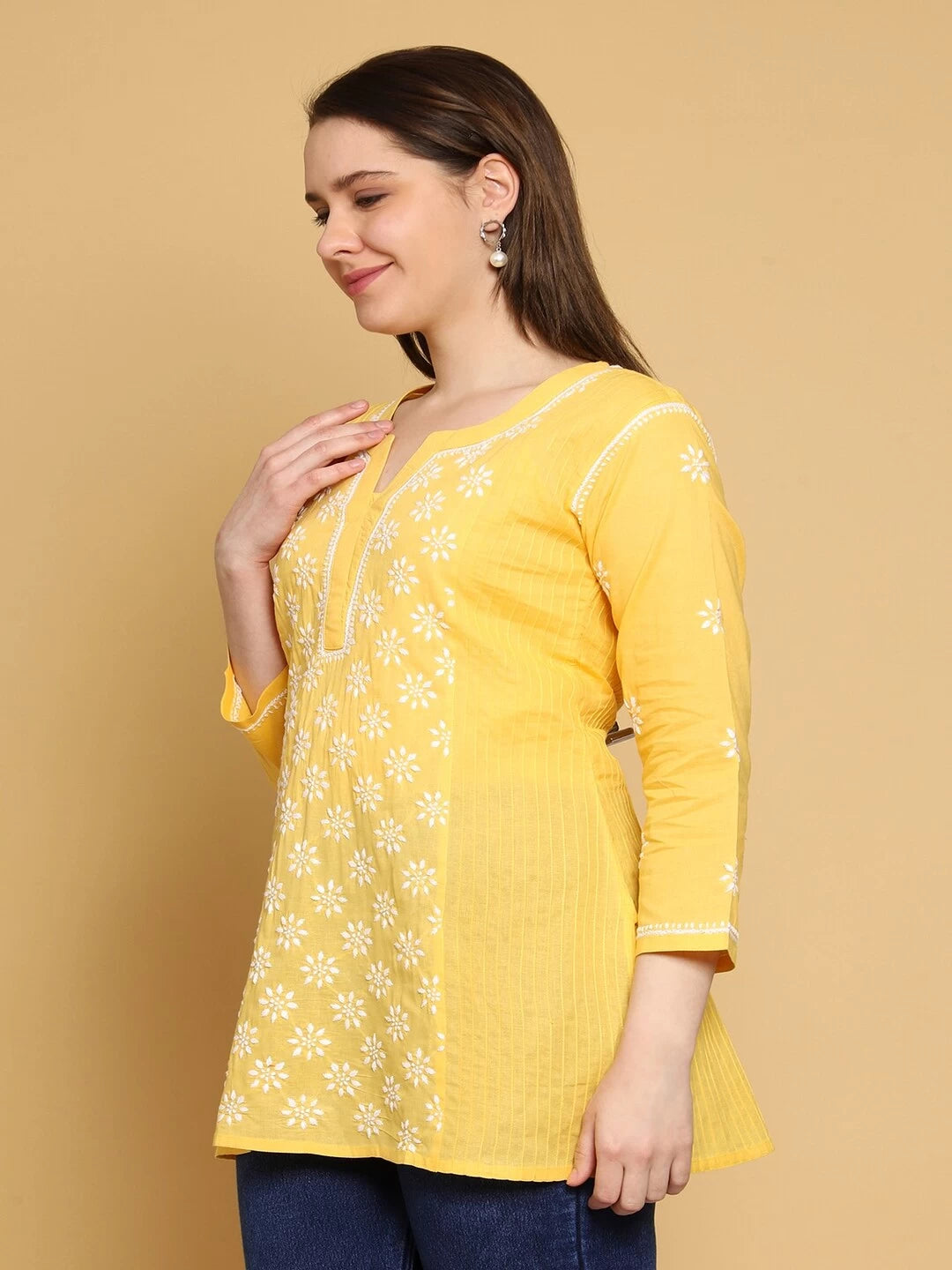 Ada Hand Embroidered Yellow Cotton Lucknowi Chikankari Straight Kurti A911285