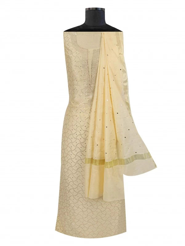 Ada Hand Embroidered Canary Lemon Chanderi Lucknowi Chikankari Unstitched Kurta Dupatta Set With Muqaish Work A578285